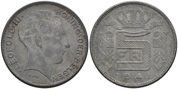 Бельгия 5 франков 1941 Belgen KM 130 цинк 51-1951