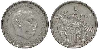 ИСПАНИЯ 5 ПЕСЕТ 1957 (73) ФРАНСИСКО ФРАНКО ДИКТАТОР ИСПАНИИ (1939-1975) KM 786 медно-никель 62-1113