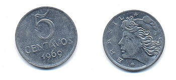 Бразилия 5 сентаво 1969  голова свободы влево KM 577.2, Schon 82a нержавеющая сталь 51-5123