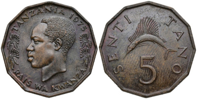 Танзания 5 центов 1975 тунец KM 1 бронза 00-00