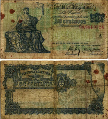 АРГЕНТИНА 50 СЕНТАВО 1900 СЕРИЯ А, SUFFIX LETTER Pick 231, Bottero 1403 бумага G 6352-18-1-1
