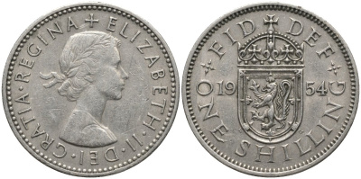 Великобритания 1 шиллинг 1954 Елизавета II (1952-2022), Шотландский герб KM 905, Spink 4148 медно-никель 4171-627