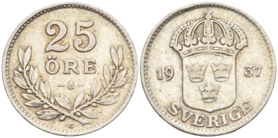 Швеция 25 эре 1937 G, Густав V (1907-1950) KM 785 серебро 4147-941