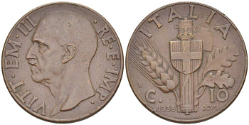 ИТАЛИЯ 10 ЧЕНТЕЗИМО 1938 R, ГОД XVI, МОНДВОР РИМ, ВИКТОР ЭММАНУИЛ III (1900-1946) KM 74 медь 4525-213