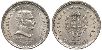Уругвай 25 сентесимо 1960 KM 40 медно-никель 4576-137