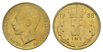 Люксембург 5 франков 1988 Герцог Жан (1964-1999) KM 60 алюминиевая бронза 4529-556