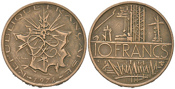 Франция 10 франков 1978 KM 940, Le Franc 365 медь алюминий никель 4582-313