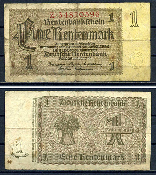 Германия 1 рентенмарка 1937 Pick 173 b бумага 8621-45-2-1