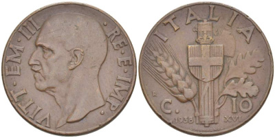 ИТАЛИЯ 10 ЧЕНТЕЗИМО 1938 R, ГОД XVI, МОНДВОР РИМ, ВИКТОР ЭММАНУИЛ III (1900-1946) KM 74 медь 4525-213