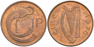 Ирландия 1 пенни 1976 мифологическая птица лира KM 20 бронза 4152-531