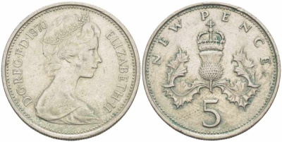 Великобритания 5 пенсов 1970 Елизавета II (1952-2022) KM 911, Spink 4233 (D1) медно-никель 31-1111