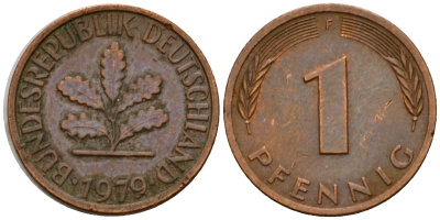 ФРГ 1 пфенниг 1979 F KM 105, J.380 сталь плакированная медью 4602-757