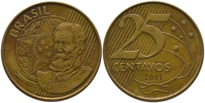 Бразилия 25 сентаво 2001 KM 650, Schon 158 сталь плакированная бронзой 4525-313