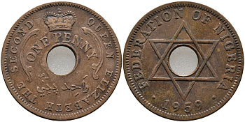 Нигерия 1 пенни 1959 Елизавета II (1952-), Британский протекторат KM 2 бронза 51-2917
