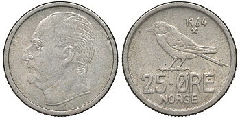 Норвегия 25 эре 1964 Улаф V (1958-1991), синица KM 407 медно-никель 4596-341