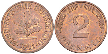 ФРГ 2 ПФЕННИГА 1991 G KM 106а, J. 381а сталь плакированная сталь плакированная медьюю 4181-857
