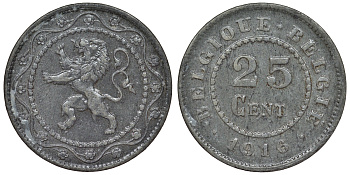 Бельгия 25 сантимов 1916 германская оккупация, первая мировая война KM 82 цинк 4121-542