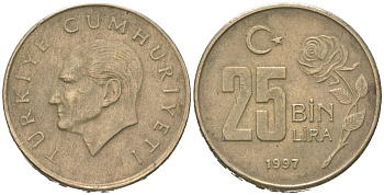 Турция 25000 лир 1997 KM 1041 медь цинк никель 4582-511