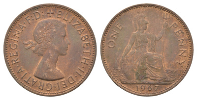 Великобритания 1 пенни 1967 Елизавета II (1952-2022) KM 897, Spink 4157 бронза 4661-1041