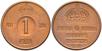 Швеция 1 эре 1960 TS, Густав VI Адольф (1950-1973) KM 820 бронза 187-769