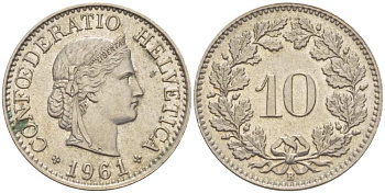 ШВЕЙЦАРИЯ 10 РАППЕНОВ 1961 В KM 27 медно-никель 39-938