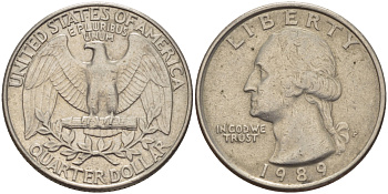 США 25 ЦЕНТОВ = КВОТЕР 1989 Р, ВАШИНГТОН KM А164а медь плакированная медно-никелем 31-753