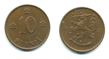 Финляндия 10 пенни 1921 республика (1918-1962) KM 24 медь 29-422