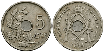 Бельгия 5 сантимов 1914 Belgie KM 67 медно-никель 4173-214