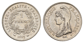 Франция 1 франк 1992 200 лет Французской республике KM 1004.1, Le Franc 229.2 никель UNC 4118-355