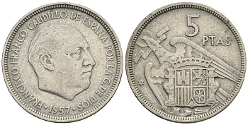Испания 5 песет 1957 (58) Франсиско Франко (1939-1975) KM 786 медно-никель 85-724