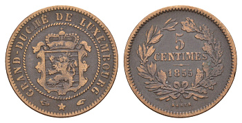 Люксембург 5 сантимов 1855 A, Виллем III (1849-1890) KM 22 бронза 4654-537