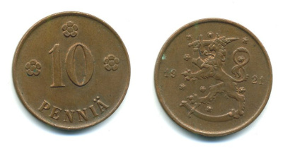 Финляндия 10 пенни 1921 республика (1918-1962) KM 24 медь 29-422