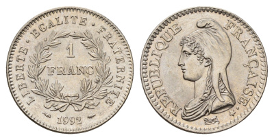 Франция 1 франк 1992 200 лет Французской республике KM 1004.1, Le Franc 229.2 никель UNC 4118-355