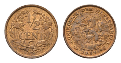 Нидерланды 1/2 цента 1937 Вильгельмина (1890-1948) KM 138 бронза UNC 46-2026