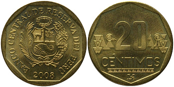 Перу 20 сентимо 2008 LIMA KM 306.4, Schon 105 латунь UNC 4543-1156
