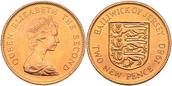 Джерси 2 пенса 1980 герб, Елизавета II (1952-) KM 31 бронза UNC 4583-131