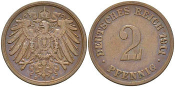 ГЕРМАНИЯ 2 ПФЕННИГА 1911 D KM 16, J. 11, Weege 4 медь 206-563