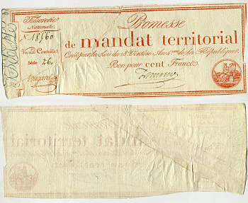 ФРАНЦИЯ 100 ФРАНКОВ 1796 4 ГОД РЕСПУБЛИКИ, СКЛЕЕННАЯ Pick A84b бумага 6289-49-1