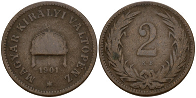 Венгрия 2 филлера 1901 KB, Франц Иосиф I (1848-1916) KM 481 бронза 4154-838