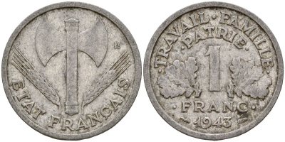 Франция 1 франк 1943 правительство Виши KM 902.1, Le Franc алюминий 4126-651