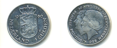 Нидерланды 1 гульден 1980 на коронацию Беатрикс, 30 апреля 1980 KM 200 никель 83-821