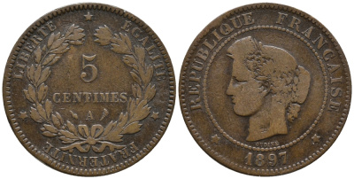 ФРАНЦИЯ 5 САНТИМОВ 1897 A, ТРЕТЬЯ РЕСПУБЛИКА (1871-1940) KM 821.1, LE FRANC 118.41 бронза 67-111