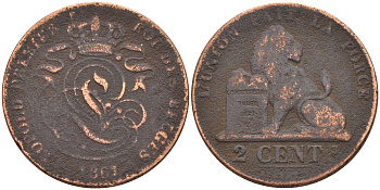 Бельгия 2 сантима 1861 Belges KM 4.2 медь 4595-155
