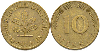 ФРГ 10 ПФЕННИГОВ 1970 J KM 108, J. 383 сталь плакированная латунью 175-742