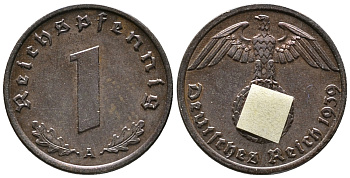 ГЕРМАНИЯ 1 РЕЙХСПФЕННИГ 1939 A KM 89, J. 361 бронза 39-1152