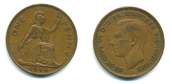 Великобритания 1 пенни 1944 Георг VI (1936-1952) KM 845, Spink 4114 бронза 540-641