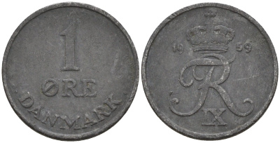 Дания 1 эре 1959 C;S, Фредерик IX (1947-1972) KM 839.2 цинк 4596-523