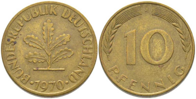 ФРГ 10 пфеннигов 1970 J KM 108, J. 383 сталь плакированная латунью 175-742