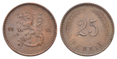 Финляндия 25 пенни 1941 KM 25a медь 4668-855