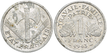 ФРАНЦИЯ 1 ФРАНК 1943 LB, ТИП LEGERE, ПРАВИТЕЛЬСТВО ВИШИ KM 902.1, LE FRANC 223.3 алюминий 4525-1113